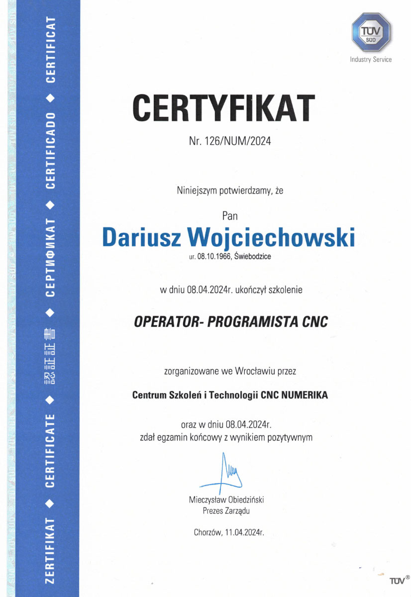 Certyfikat TÜV SÜD - Operator Programista CNC